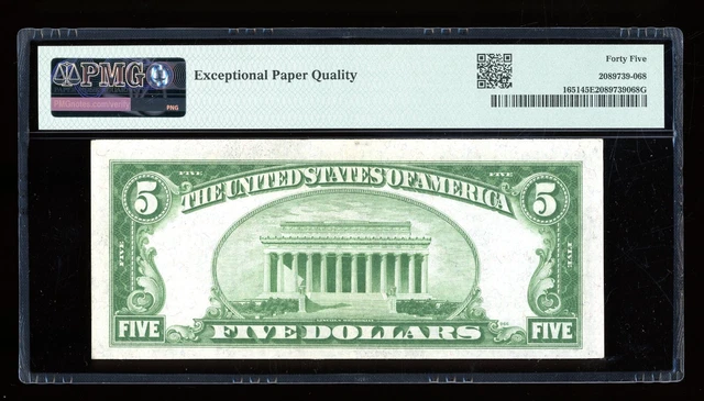 DBR 1934-A $5 Silver Fr. 1651 FA Block PMG 45 EPQ Serial F37033984A 2