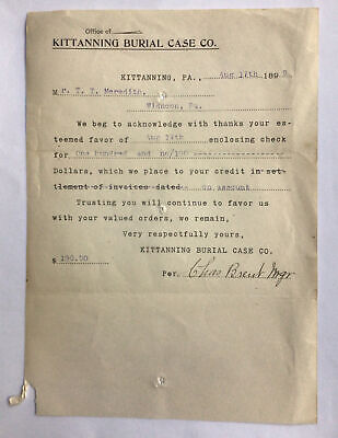 1899 Billhead Receipt Kittanning Pa Kittanning Burial Case Co #b4