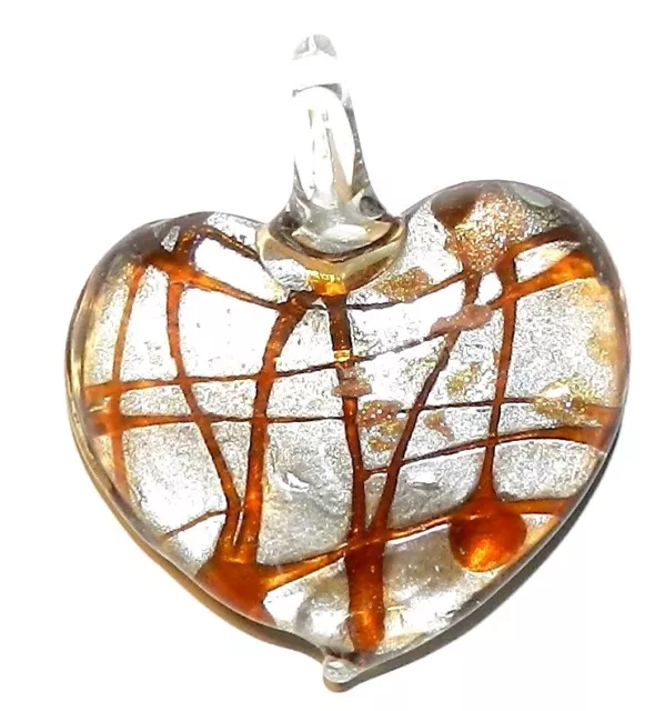 P1255 Yellow Swirl Silver Foil w Gold Sparkle 45mm Heart Lampwork Glass Pendant