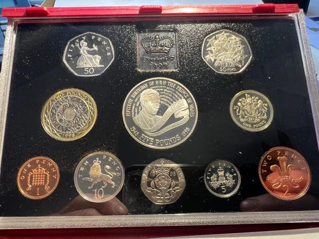 1998 ROYAL MINT Annual Proof Coin Set in red deluxe case with booklet ...