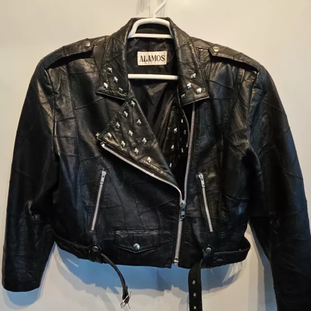 Vtg Alamos Leather Motorcycle Biker Cafe Racer Studded Jacket Coat Womens Large