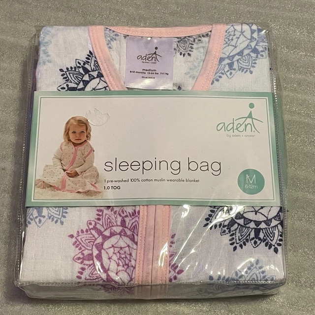 Saco de dormir ADEN + ANAIS algodón muselina MED 6-12 meses medallón adorno rosa NUEVO