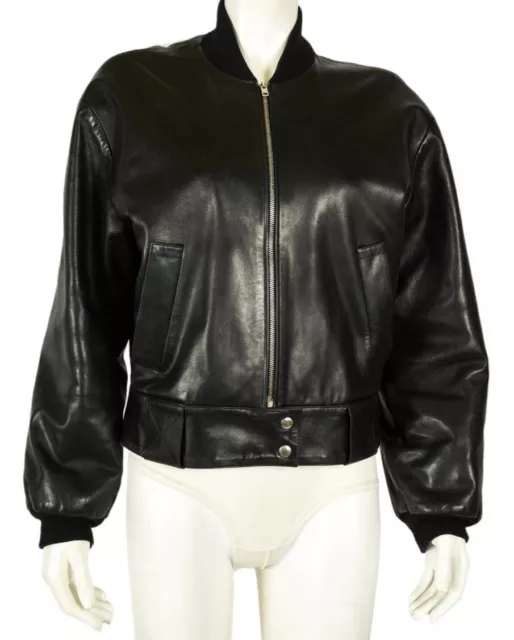 CELINE Leather Bomber Jacket Lambskin Black Size 42 Estate Fresh!