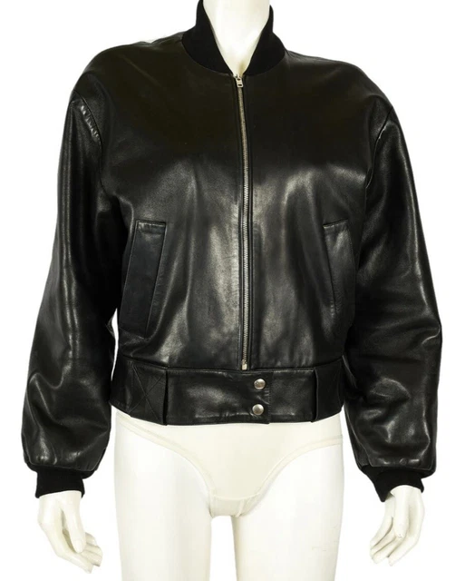 CELINE Leather Bomber Jacket Lambskin Black Size 42 Estate Fresh!