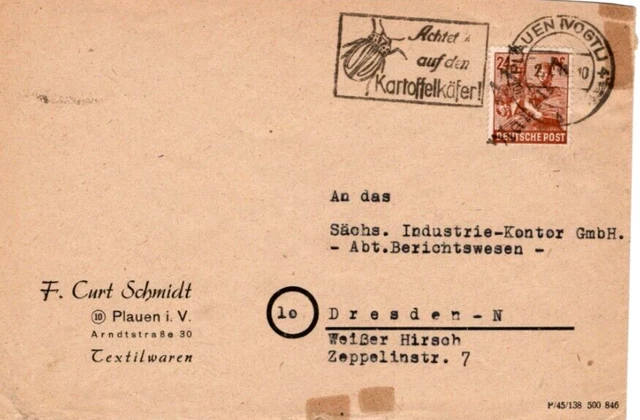 SBZ Bezirk 41 Firmenbrief PLAUEN - DRESDEN mit 174 X; 2-7-49