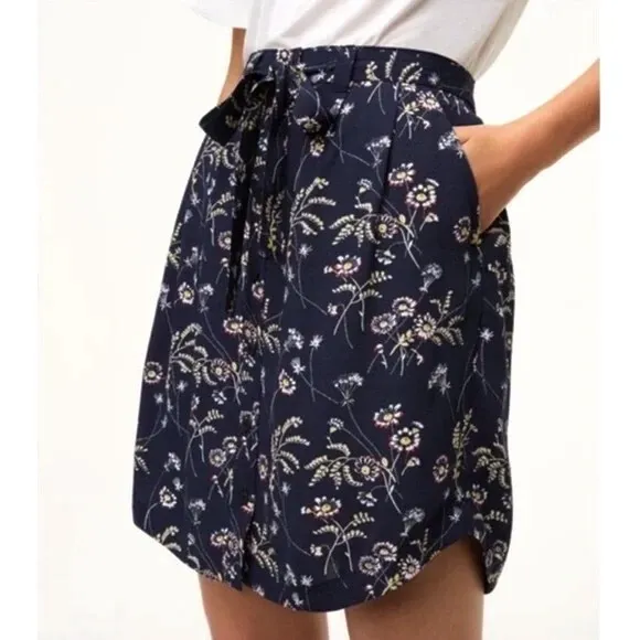 Loft M Women's Blue Floral Tie Belt Button Front Flowy Mini Skirt Tropical