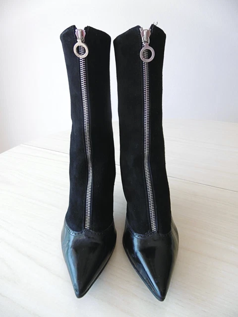 MARC JACOBS Bottines Low Boots Mi-Mollet Talons Hauts Daim Cuir Verni Noir 39