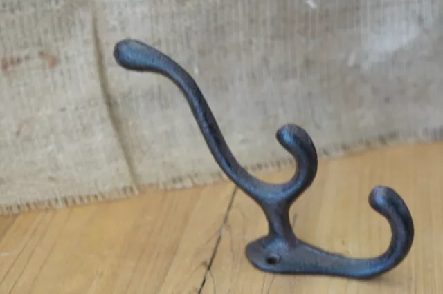 4 Cast Iron TRIPLE SCHOOL Style Coat Hooks Hat Hook Rack Hall Tree Tack Rustic 3