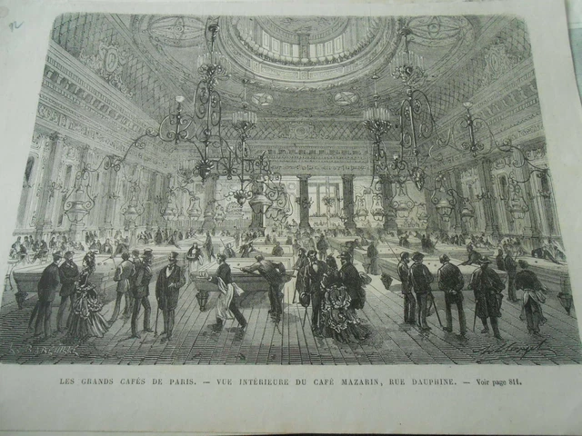 1872 engraving - Les Grands Cafés de Paris interior view of Café Mazarin