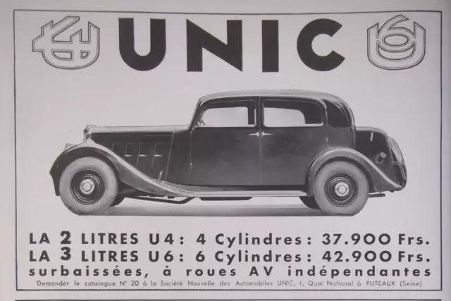 Publicité De Presse 1935 Voiture Unic La 2 Litres U4 4 Cylindres - Advertising