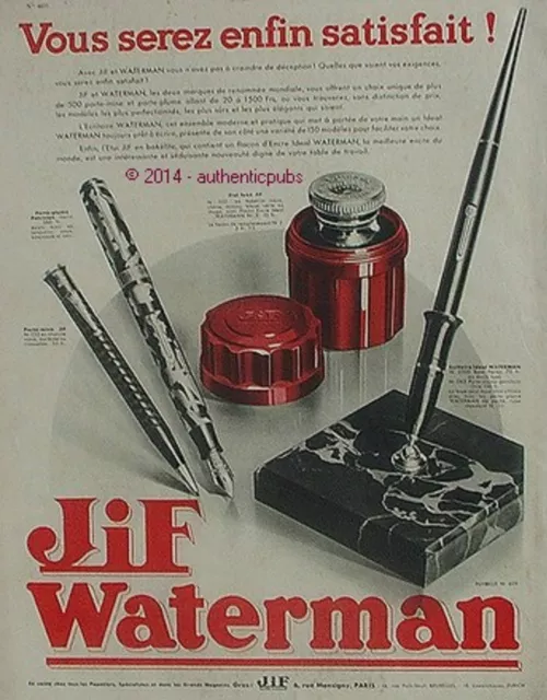 Publicite Waterman Jif Encre Porte Plume Ecritoire Etui Luxe De 1932 French Ad