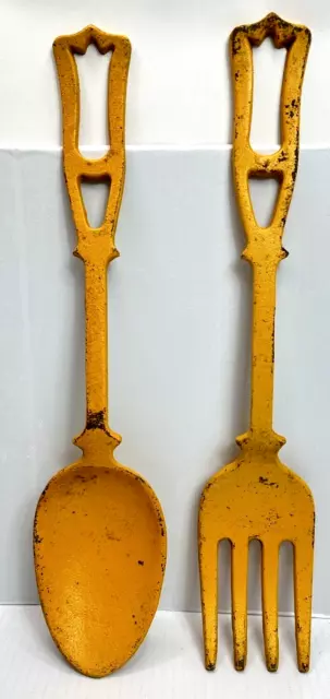 VTG 1950's Cast Iron Fork & Spoon Set Large YELLOW Wall Decor 19 1/2 Inch MCM
