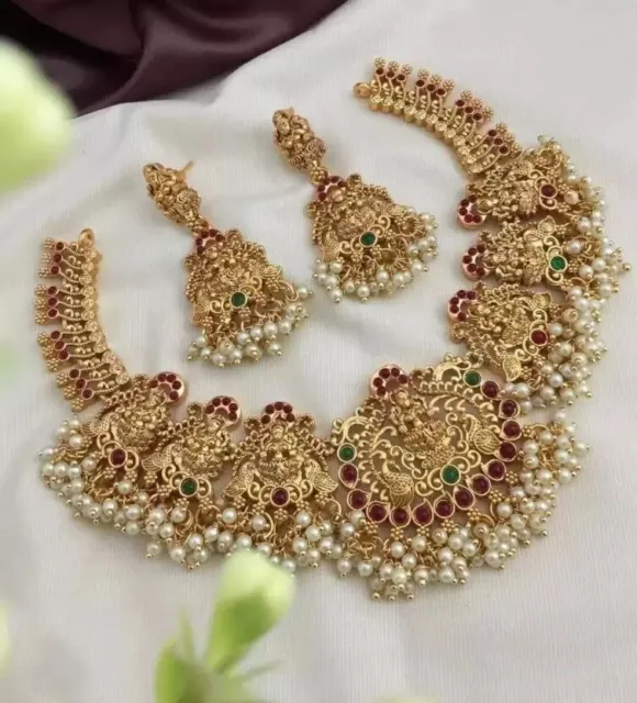 South Indian Style Necklace Bollywood 22K Gold Plated Bridal Temple Jewelry Set