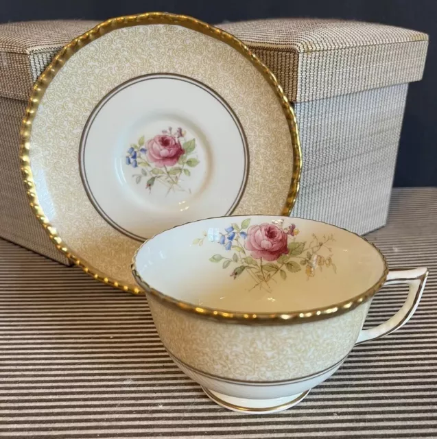 Royal Doulton Tea Cup & Saucer Curnock Rose Bone China England V1915 Gold trim