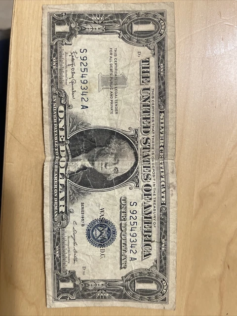 ✔ One 1957 Blue Seal $1 Dollar Silver Certificate, VG/VF, Old US One Dollar Bill