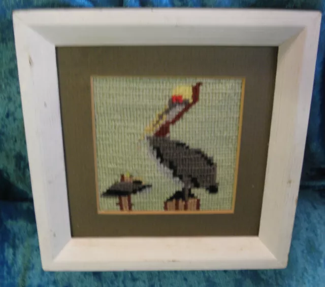 Small Framed Needlepoint Ocean Scene Pelican  Beach Lake House Cottage 0021010