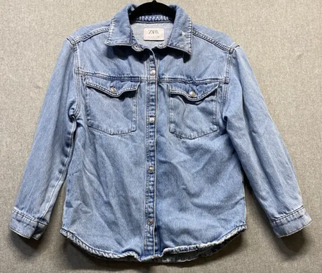 Zara Girl's Kids Blue Denim Faded Jean Cotton Jacket Size 11-12 Snap Button