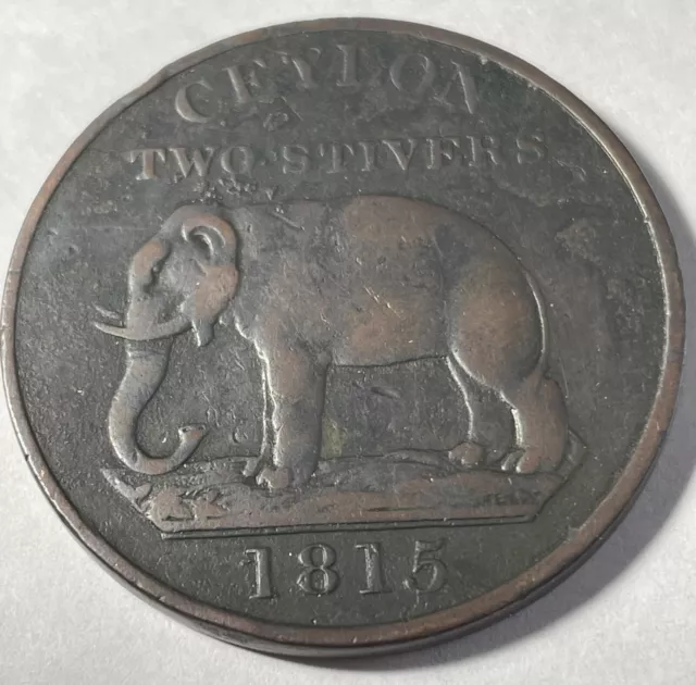 CEYLON  / SRI LANKA 2 STIVERS 1815 ELEPHANT COIN -Large Old Foreign Coin