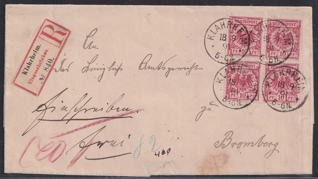 61870) KLAHRHEIM Posen 1891 Einschreiben Brief II. Gewichtsstufe nach Bromberg