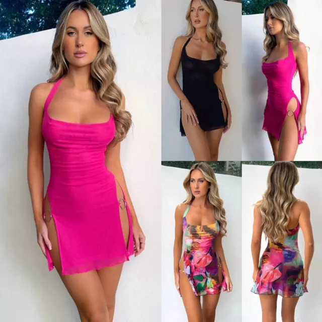 UK Ladies High Split Halter Summer Beach Party Bodycon Mini Dress  Sexy Dresses