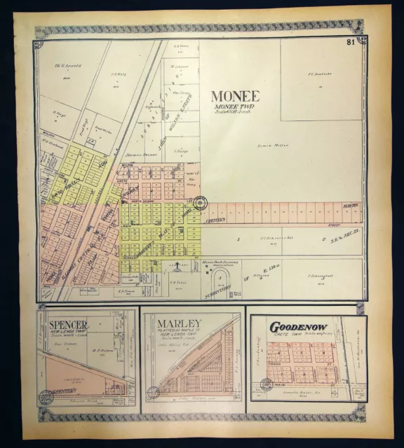 1910 Plat Map Town of Monee Will County Illinois Goodenow Marley Spencer