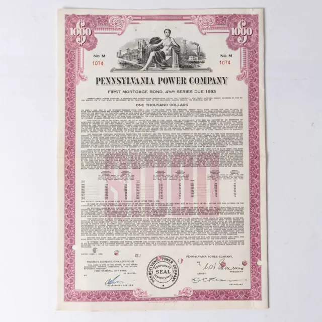 1963 Pennsylvania Power Company $1000 30-Year Bond Certificate Coupons Attached