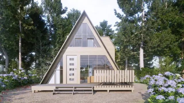 A-Frame Cabin Wood House Plan & Modern Style 3D images,PDF Blueprints with DWG