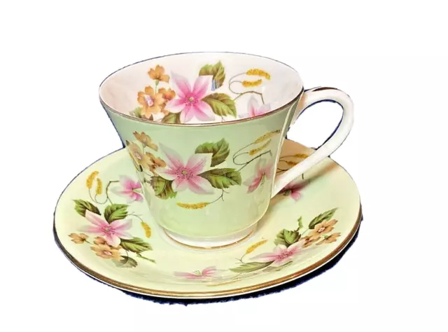 AYNSLEY bone china England mint green pink flower gold edge tea cup saucer set