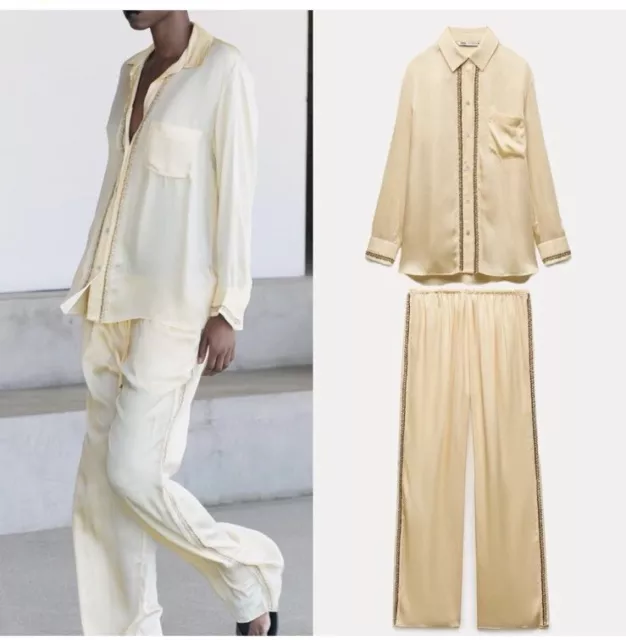 ZARA DONNA CO Ord Set Ricamato Perline Raso Pantaloni e Camicia Abbinata Tg L EUR 95 48 PicClick IT