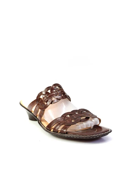 Think! Womens Strappy Round Accent Slip-On Block Heels Mules Brown Size UER41