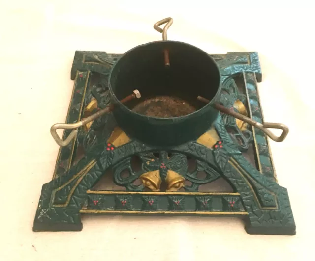 Vintage Christmas Tree Stand Cast Iron Green Enamel Heavy Duty, 14" x 14"