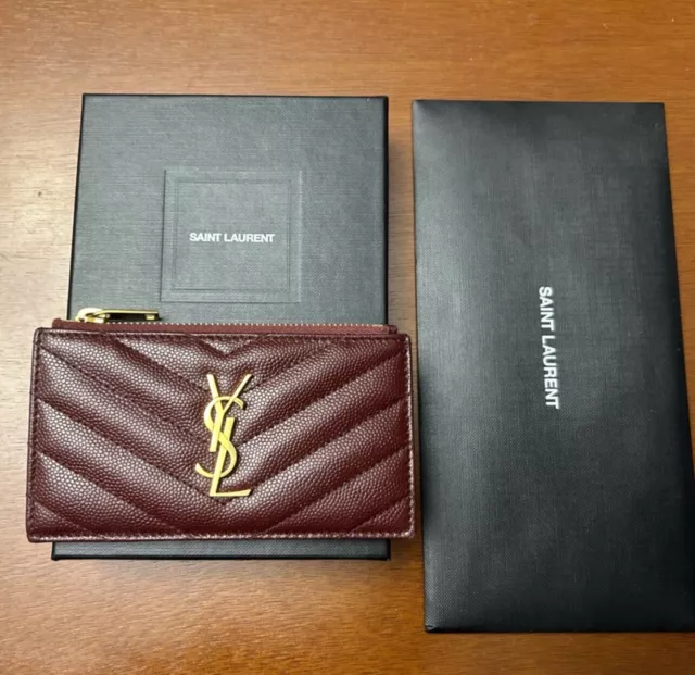 Saint Laurent YSL Cassandre Matelassé Zipped Card Case Burgundy Leather Wallet