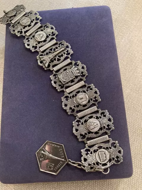 Vintage Paris Grand Tour Souvenir Filigree Link Bracelet with Eiffel Tower Charm