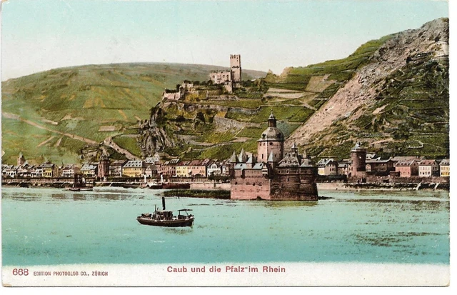 Postkarte - AK Kaub Caub und die Pfalz im Rhein Weltpostverein ungelaufen