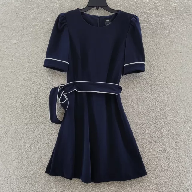 DKNY Puff-Sleeve Belted Fit-&-Flare Dress Women's 10 Navy Solid Back Zip Closure