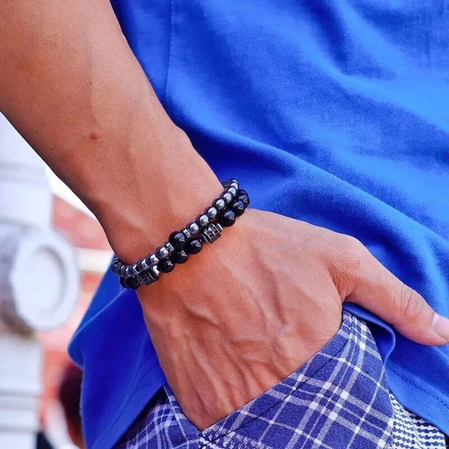 Handmade Luxury Men's Bracelet Set: Black Zirconia, Lava, Tiger Eye