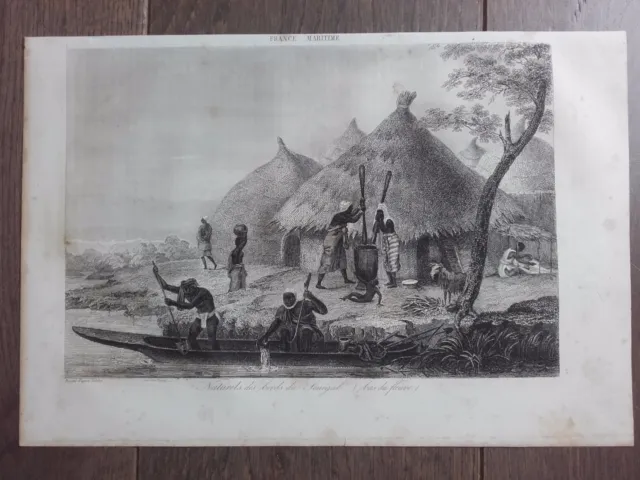 Gravure Marine 1840 Bords Du Fleuve Sénégal Afrique Indigènes Pirogue