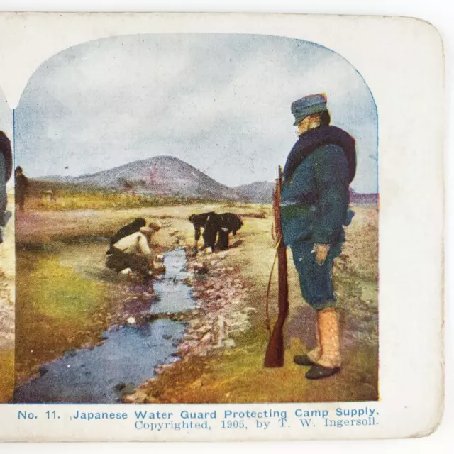 Soldier Guarding Camp Water Stereoview c1905 Russo-Japanese War Guard Card F738