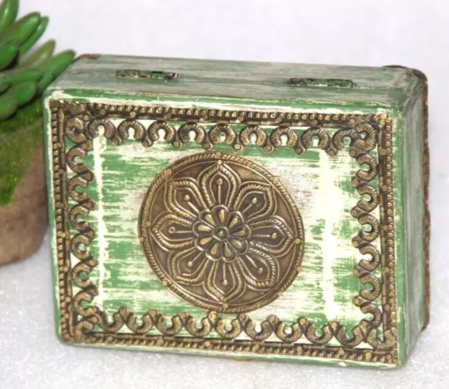 Vintage Green Painted Old Hand Crafted Floral Brass Work Wooden Jewelry Box