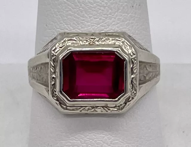 Antique 1920s Art Deco 14k White Gold Lab Grown Ruby Ring--Sz 9.5
