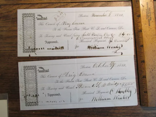 Antique Ephemera Lot Boston MA 1850s Shipping Towing Documents Brig Emma SIGNED