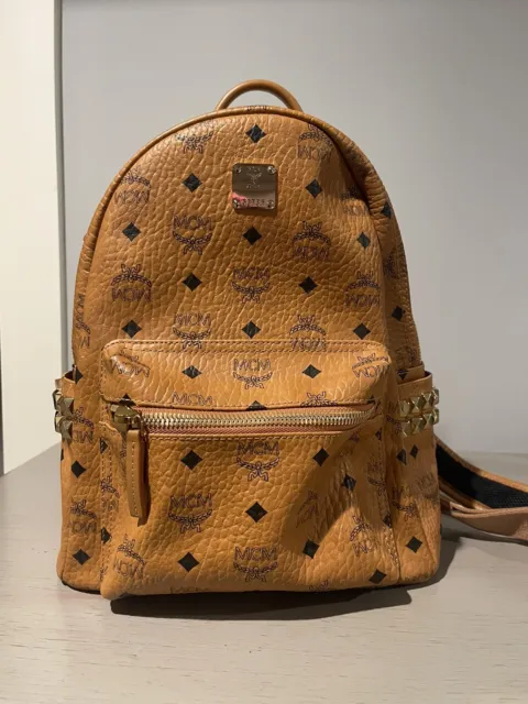 Authentic (MCM) Stark Bebe Boo Side Studs Backpack in Visetos (Cognac)