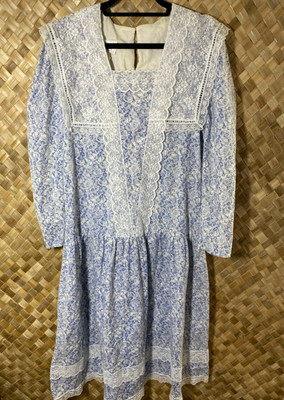 Gunne Sax Jessica McClintock 11 12 Vintage Blue White Floral Lace Dress