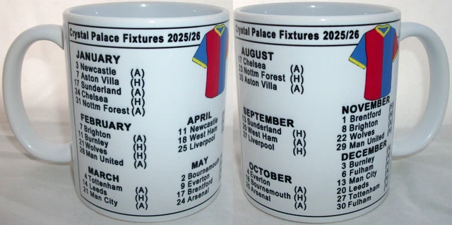 2025 2026 Crystal Palace Football Fixtures Calendar Coffee Tea Mug