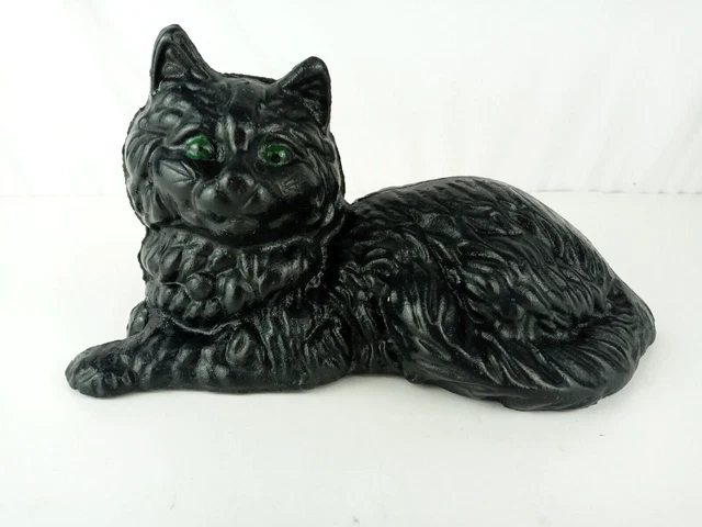 Vintage Black Cat Kitten Cast Iron Doorstop Door Stop Figurine Green Eyes Heavy