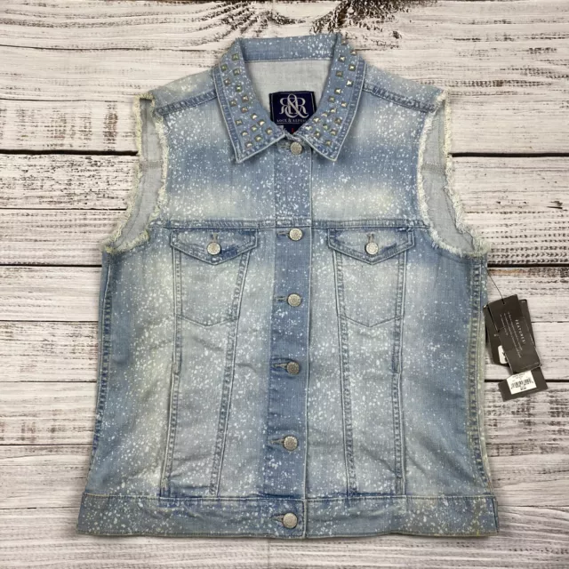 NWT Rock & Republic Womens Large Blue Denim Studded Distressed Vest Button Front