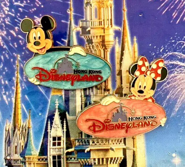 💙 RARE! 2015 Hong Kong Disneyland Mickey Mouse and Minnie Mouse Logo Pin Set