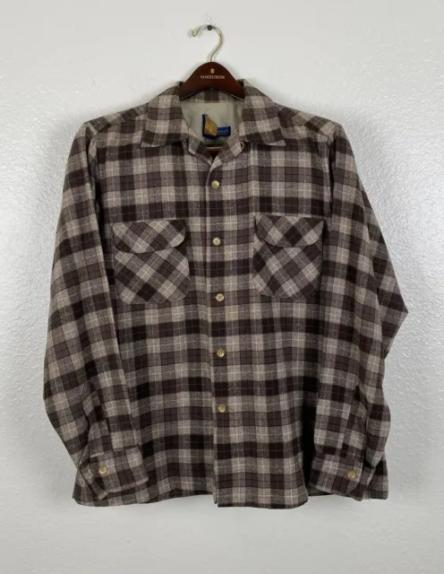 Vintage 1960 Pendleton Men's Wool Plaid Board Shirt Brown Made USA Size Large