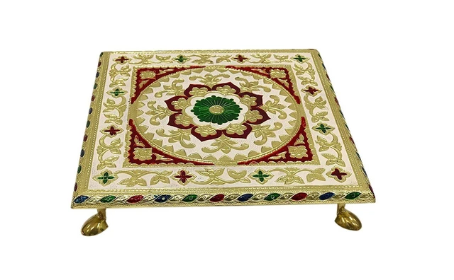 Indian Traditional Meenakari Square Floral Chowki For Pooja