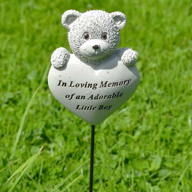 Adorable Little Boy Teddy Bear Heart Memorial Tribute Stick Graveside Plaque